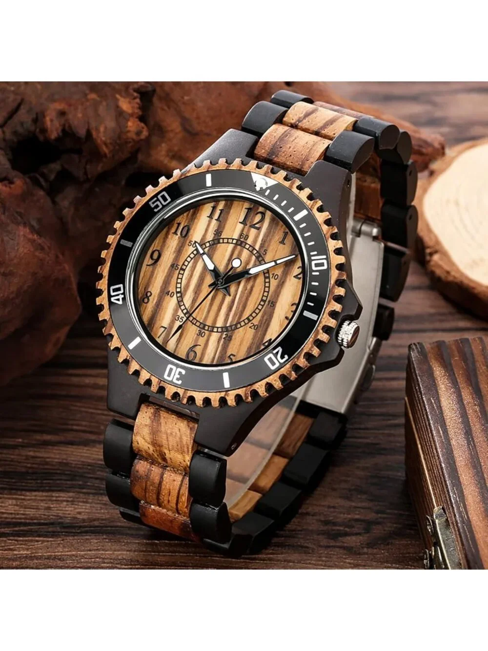 Men's Brown Quartz Ebony Zebra Fold over Clasp Wood Strap Round Wooden Watch